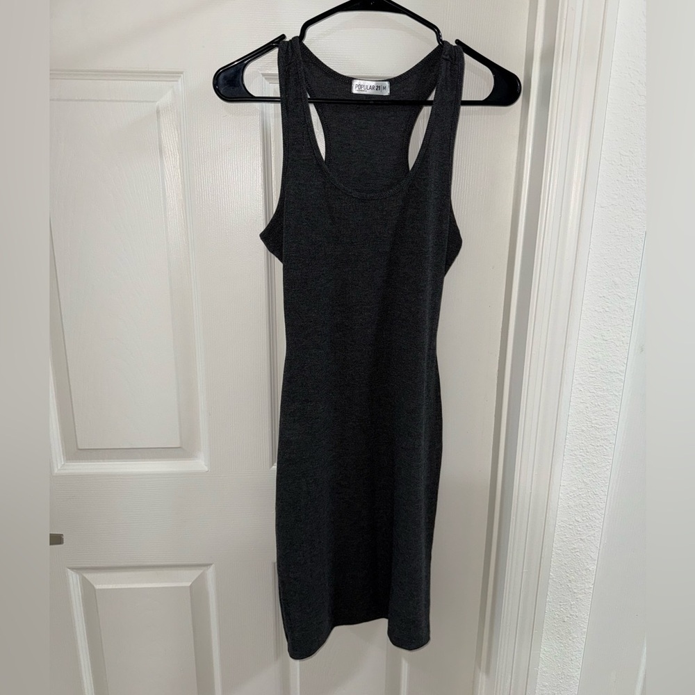 Popular 21 Ribbed Racerback Bodycon Mini Dress | Charcoal Gray | Size M